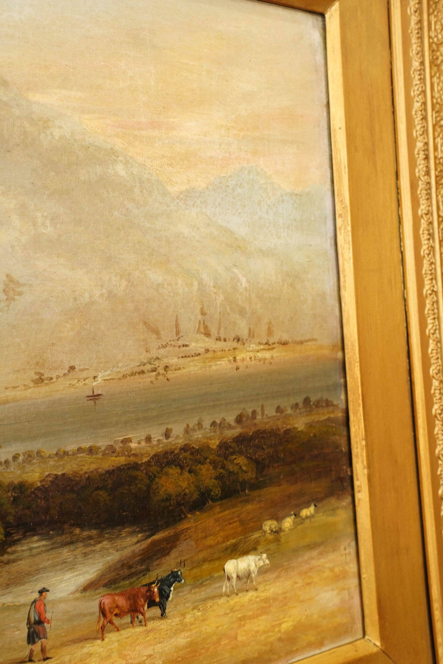 Antique Scottish Highland Cattle Oil Painting, Loch Landscape with Drover