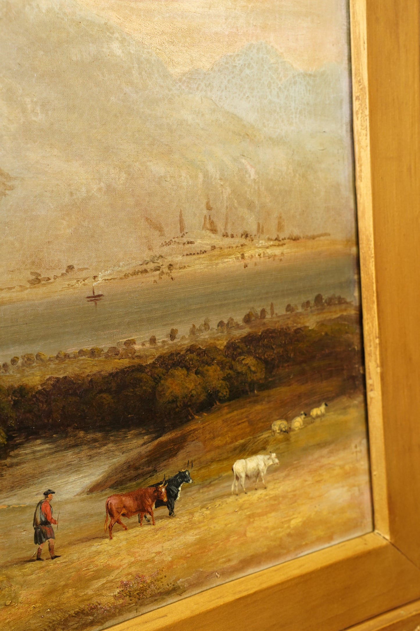 Antique Scottish Highland Cattle Oil Painting, Loch Landscape with Drover