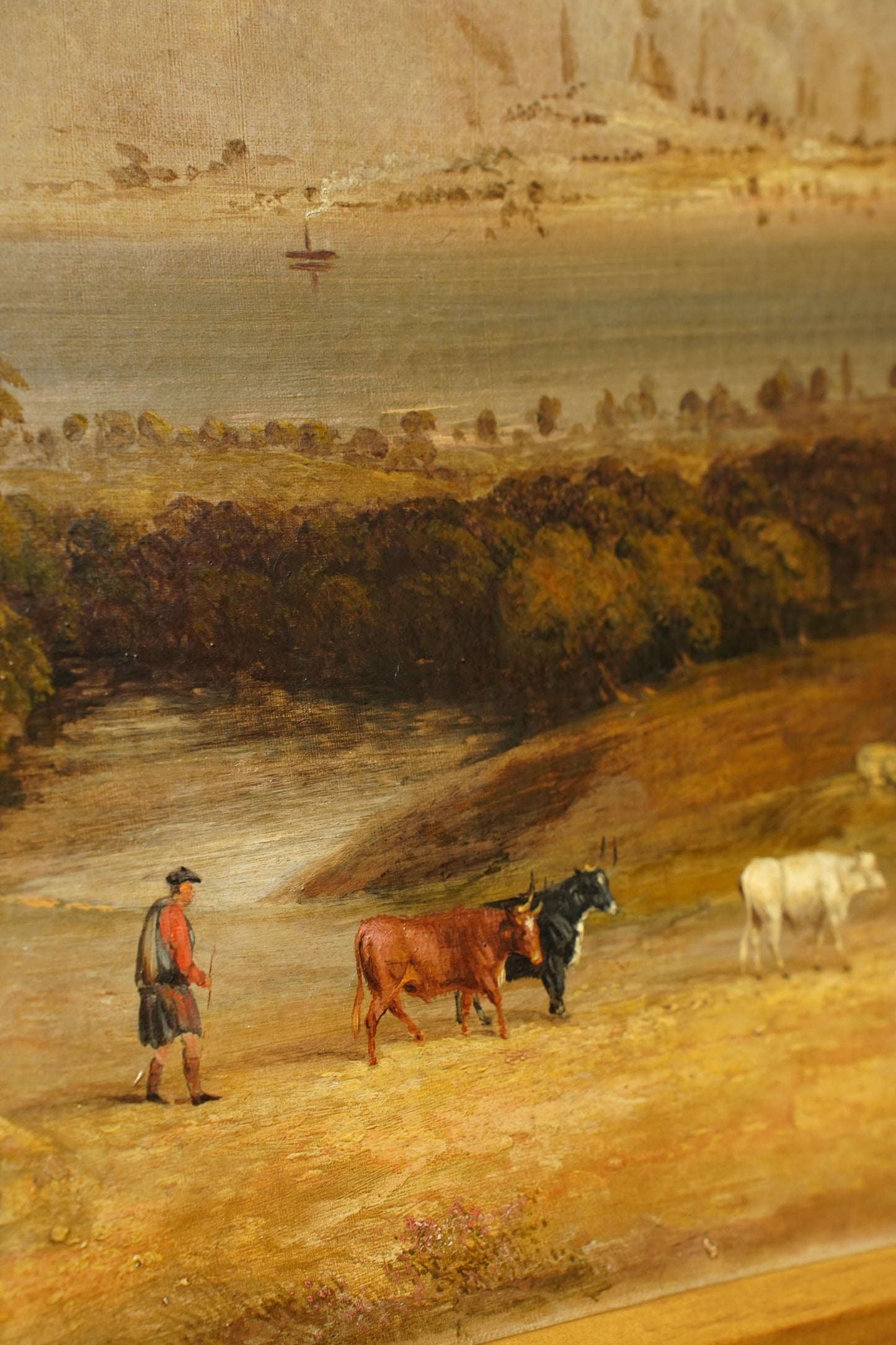 Antique Scottish Highland Cattle Oil Painting, Loch Landscape with Drover