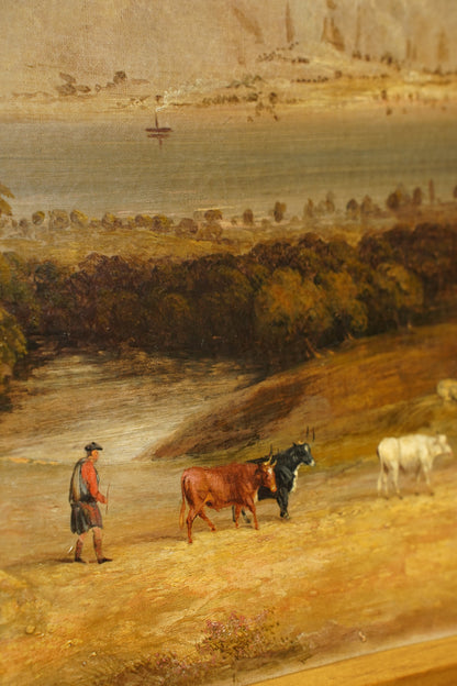 Antique Scottish Highland Cattle Oil Painting, Loch Landscape with Drover