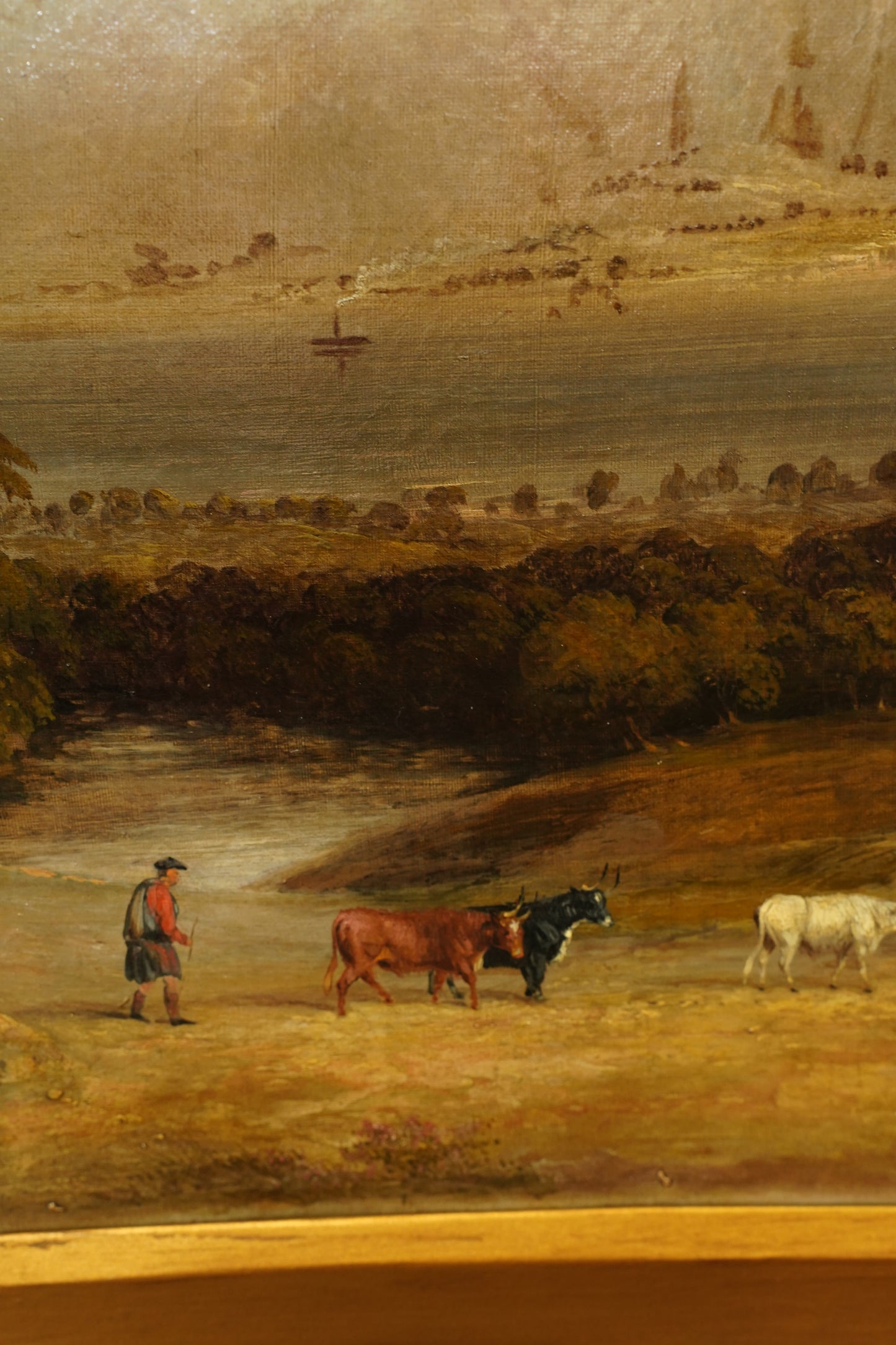 Antique Scottish Highland Cattle Oil Painting, Loch Landscape with Drover