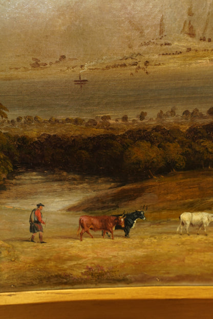 Antique Scottish Highland Cattle Oil Painting, Loch Landscape with Drover
