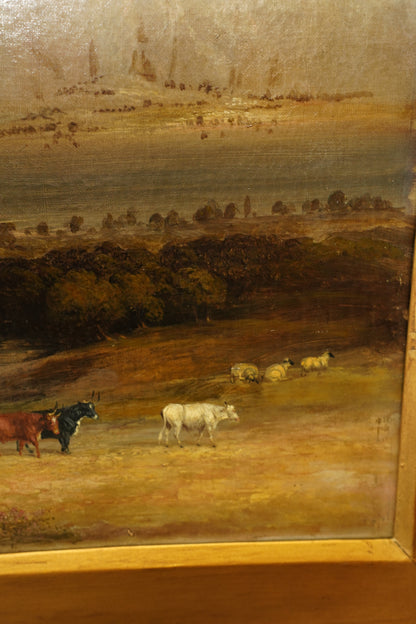 Antique Scottish Highland Cattle Oil Painting, Loch Landscape with Drover