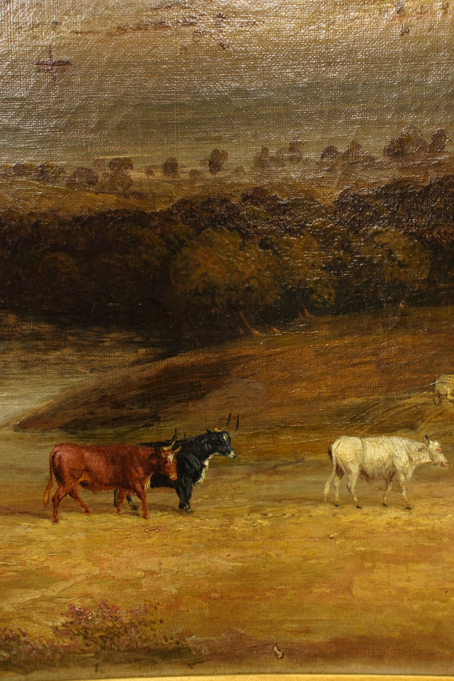Antique Scottish Highland Cattle Oil Painting, Loch Landscape with Drover