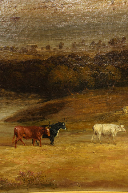 Antique Scottish Highland Cattle Oil Painting, Loch Landscape with Drover