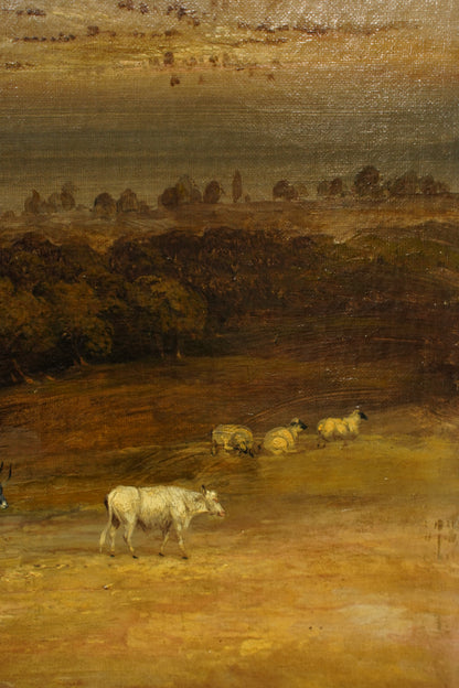 Antique Scottish Highland Cattle Oil Painting, Loch Landscape with Drover