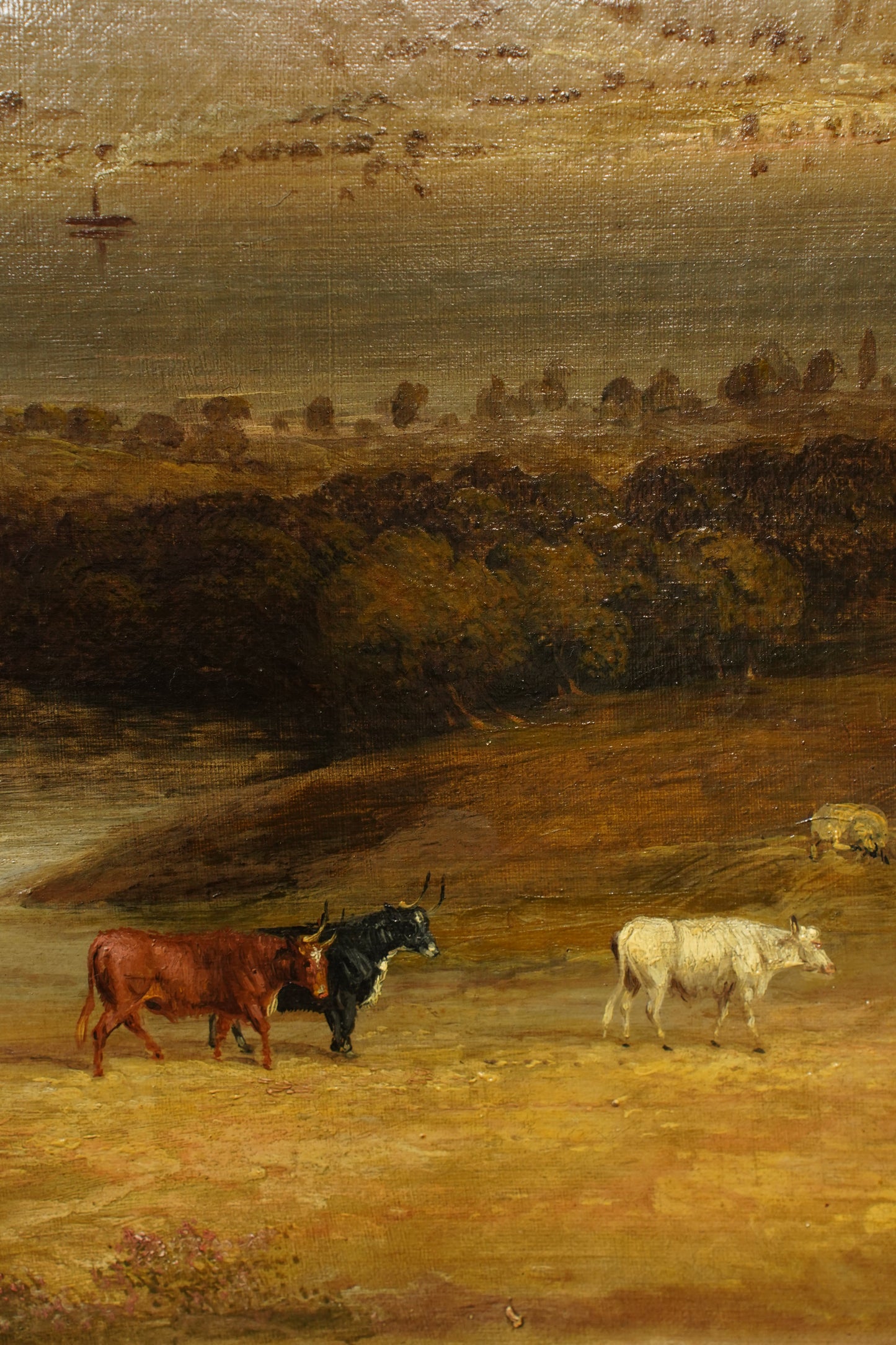 Antique Scottish Highland Cattle Oil Painting, Loch Landscape with Drover