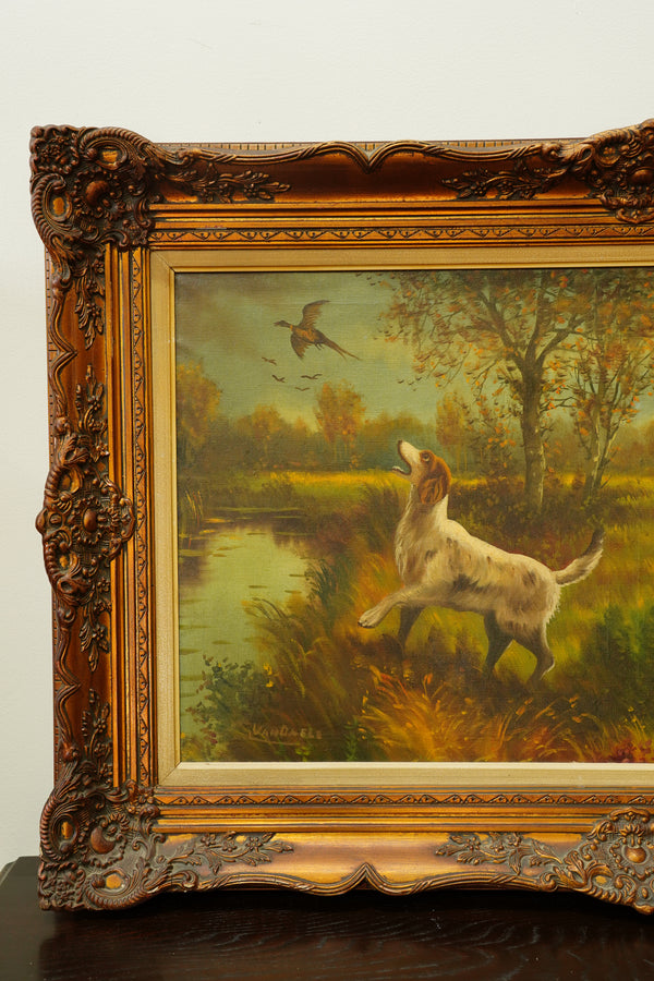 Vintage Hunting Dog Oil Painting, Two Setters and Pheasant, Large Signed secondary view