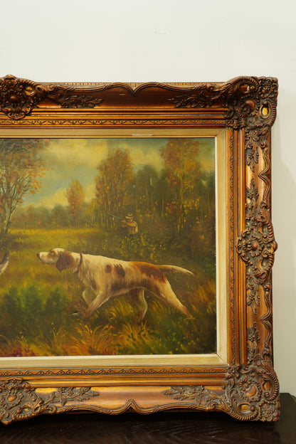 Vintage Hunting Dog Oil Painting, Two Setters and Pheasant, Large Signed
