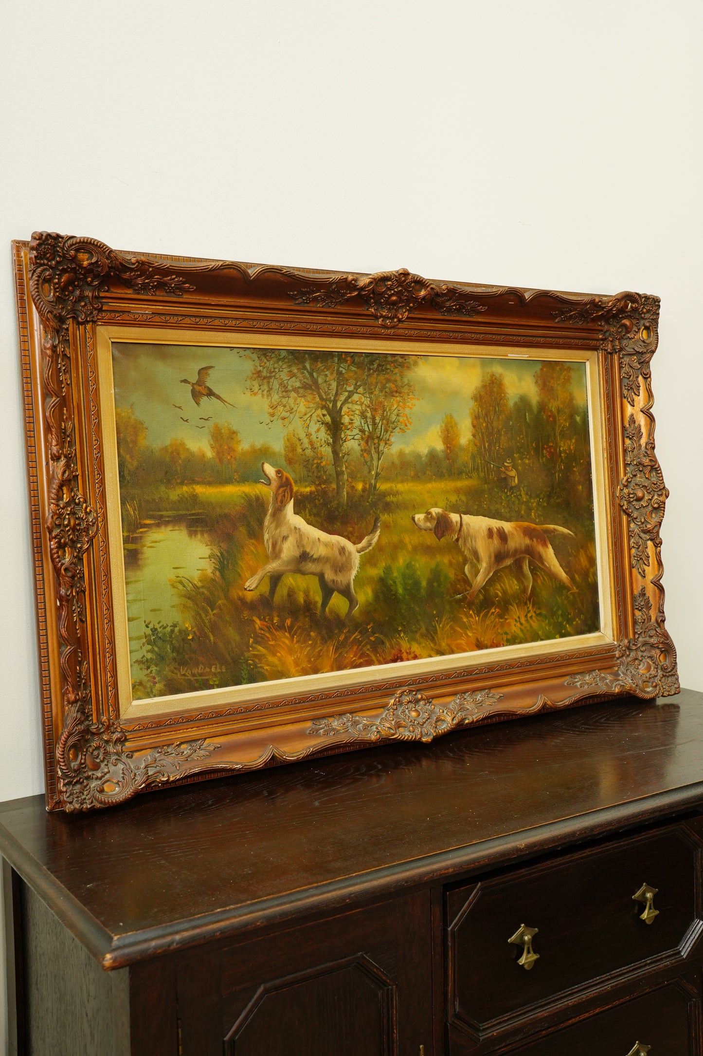 Vintage Hunting Dog Oil Painting, Two Setters and Pheasant, Large Signed