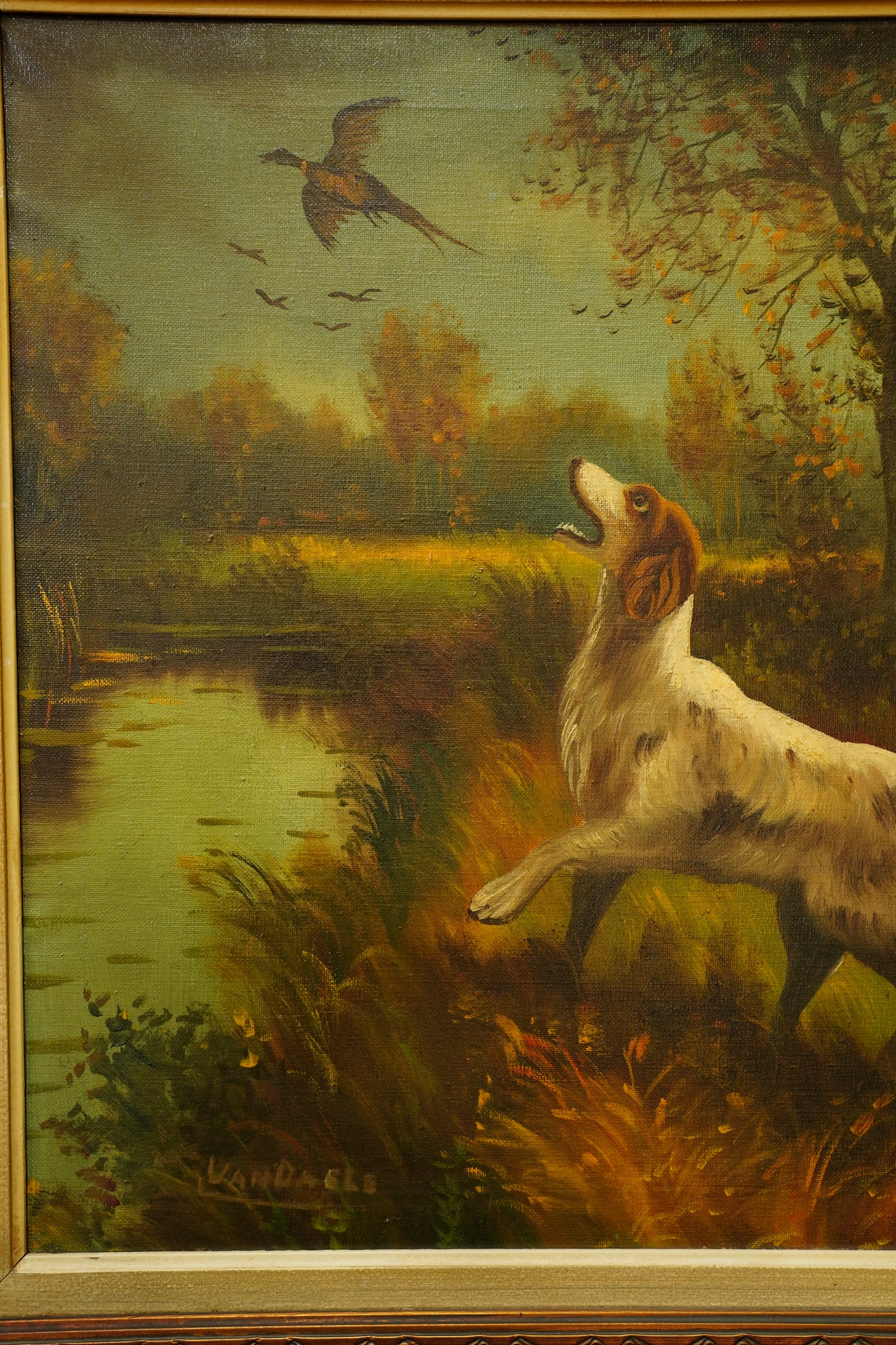 Vintage Hunting Dog Oil Painting, Two Setters and Pheasant, Large Signed