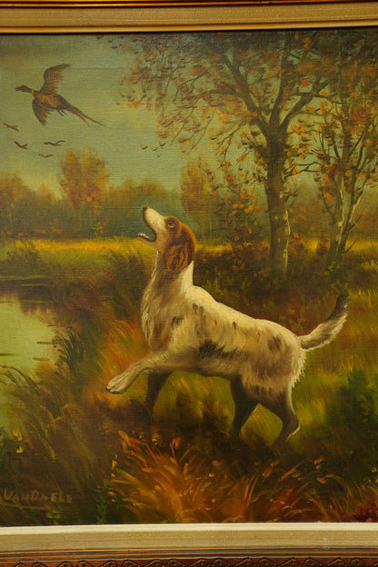 Vintage Hunting Dog Oil Painting, Two Setters and Pheasant, Large Signed