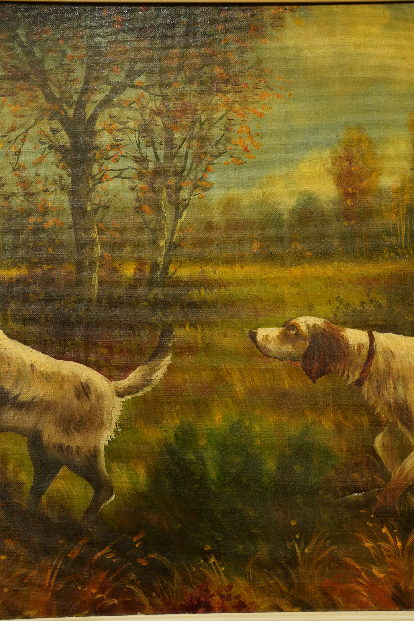 Vintage Hunting Dog Oil Painting, Two Setters and Pheasant, Large Signed