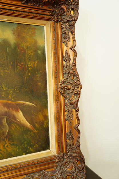 Vintage Hunting Dog Oil Painting, Two Setters and Pheasant, Large Signed