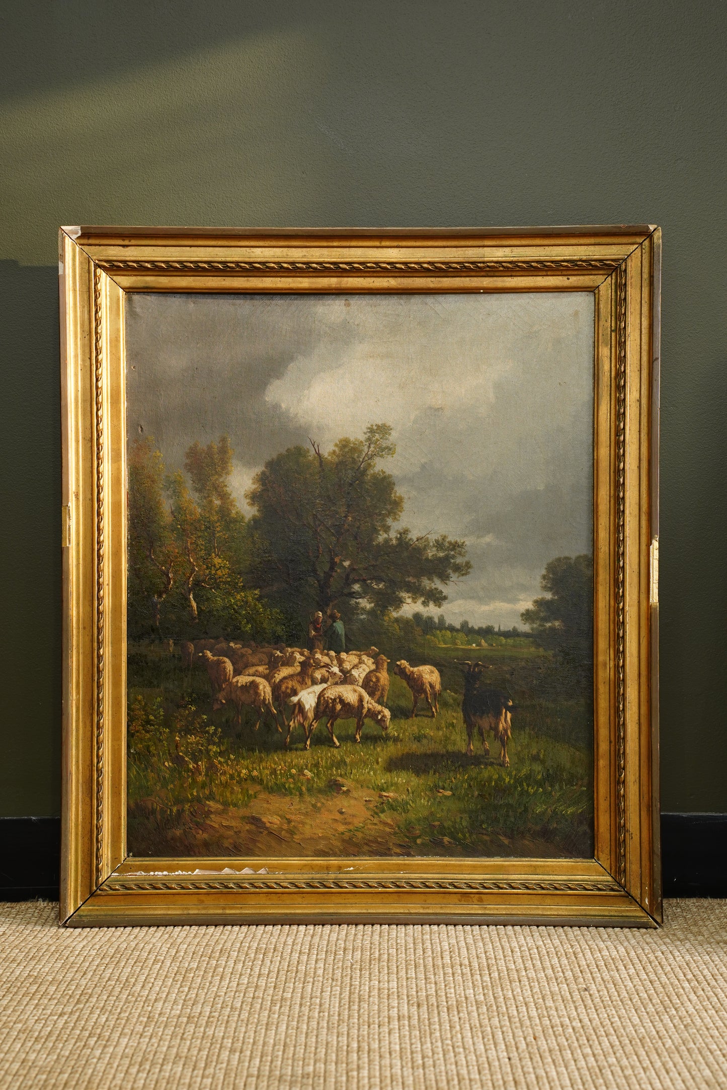 Antique French Sheep Painting Oil on Canvas Barbizon Pastoral, Circa 1880