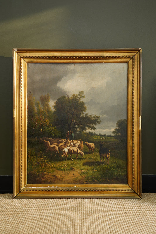 Antique French Sheep Painting Oil on Canvas Barbizon Pastoral, Circa 1880