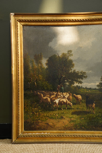 Antique French Sheep Painting Oil on Canvas Barbizon Pastoral, Circa 1880