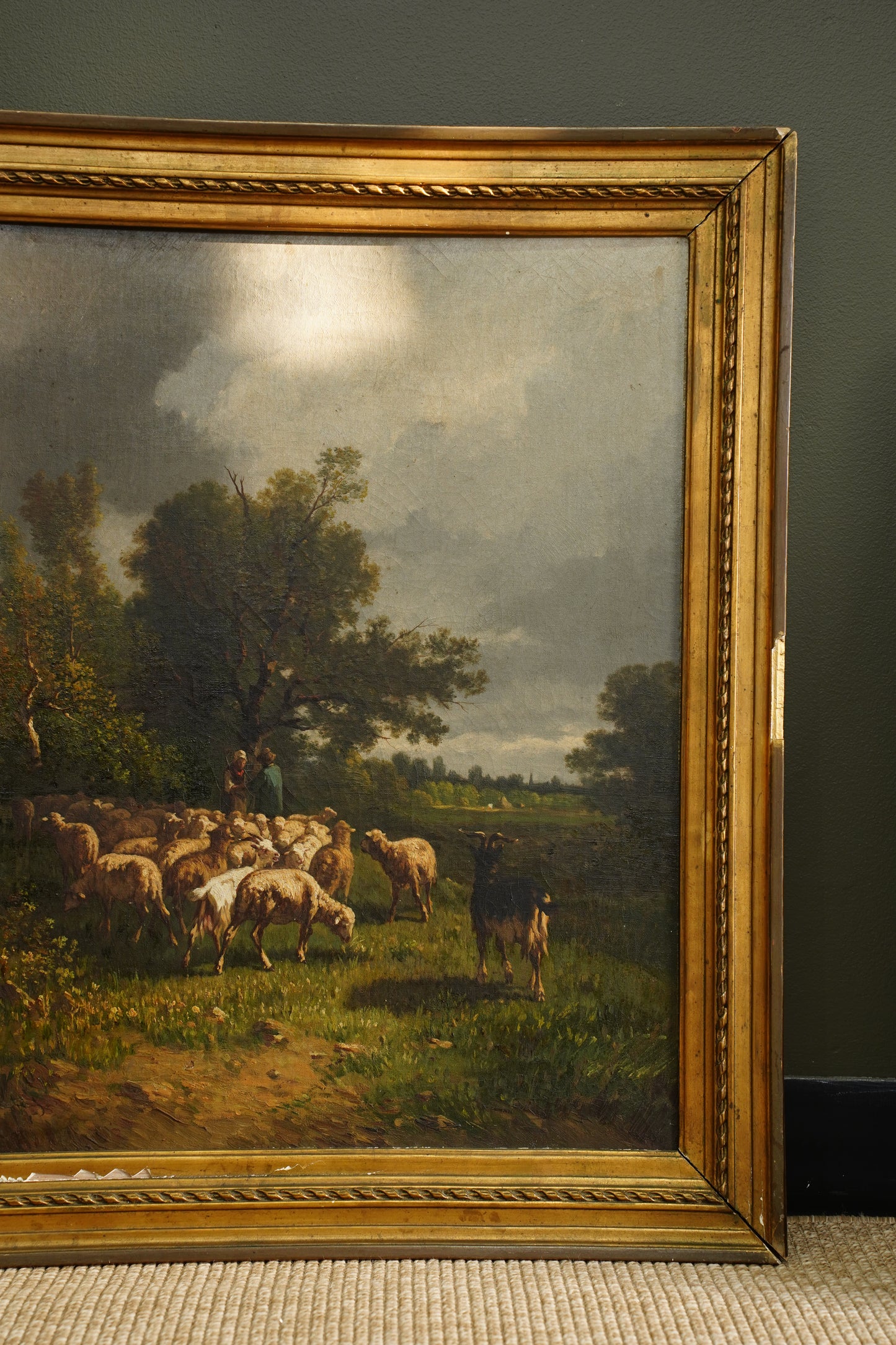 Antique French Sheep Painting Oil on Canvas Barbizon Pastoral, Circa 1880