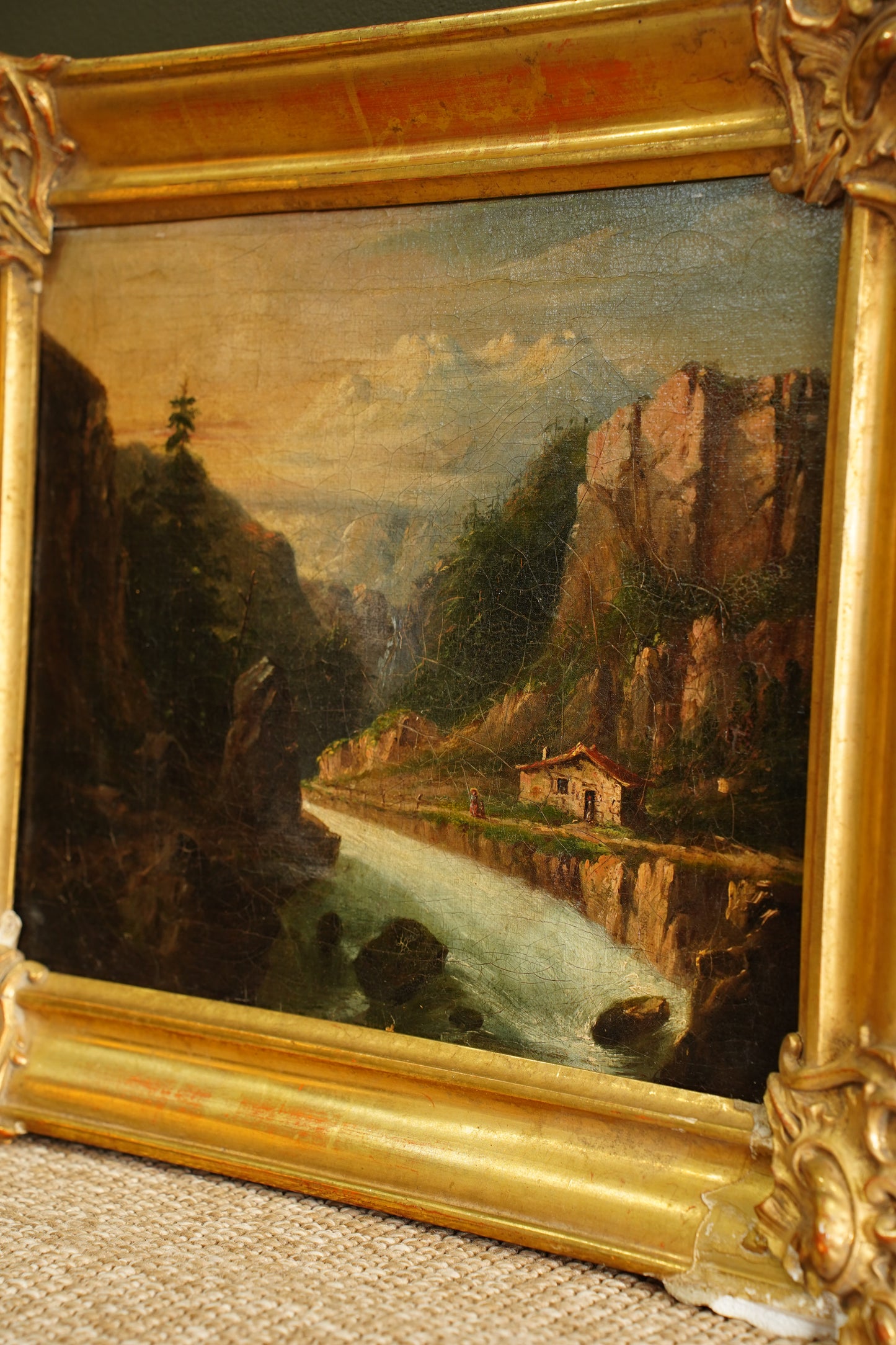 Antique European Oil Painting Mountain Gorge Landscape, Circa 1870