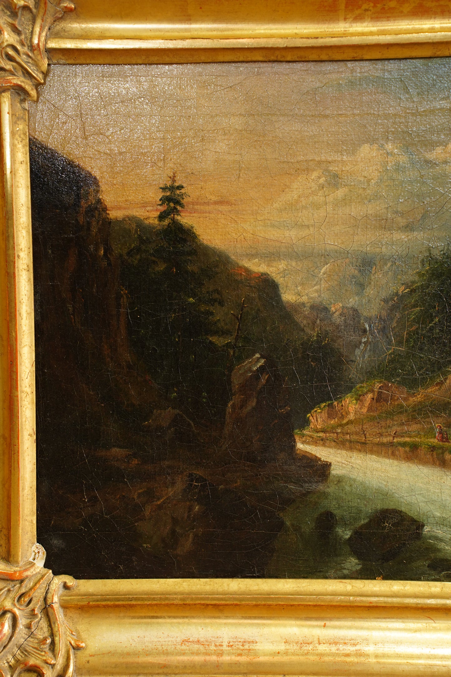 Antique European Oil Painting Mountain Gorge Landscape, Circa 1870