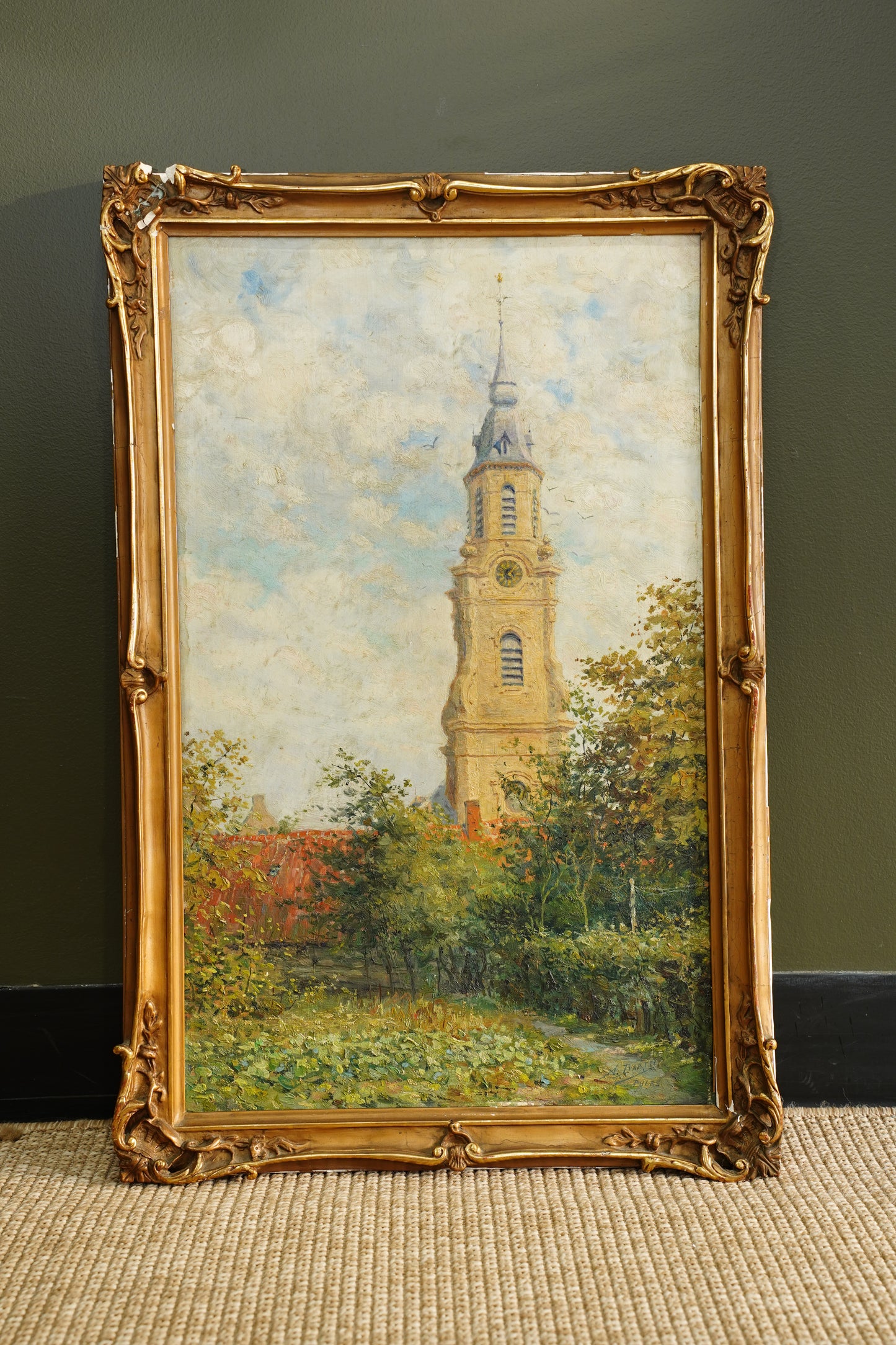 Antique Belgian Church Oil Painting, Signed A. Barth