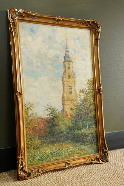 Antique Belgian Church Oil Painting, Signed A. Barth