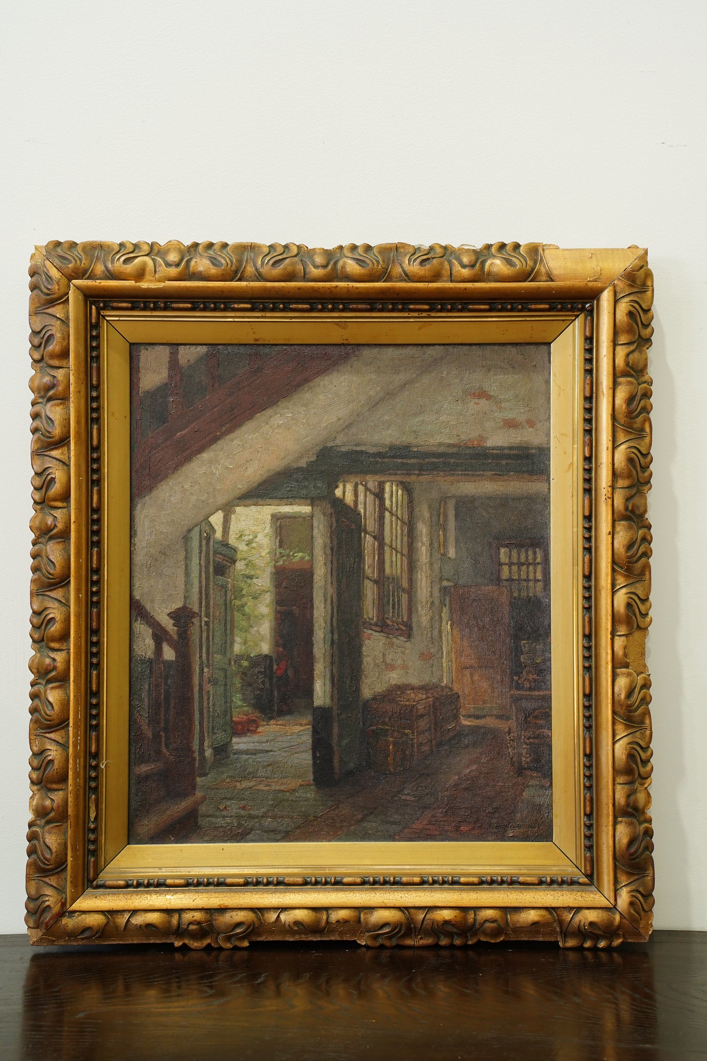 Antique Belgian Oil Painting Doorway Interior Scene, Signed, Circa 1908
