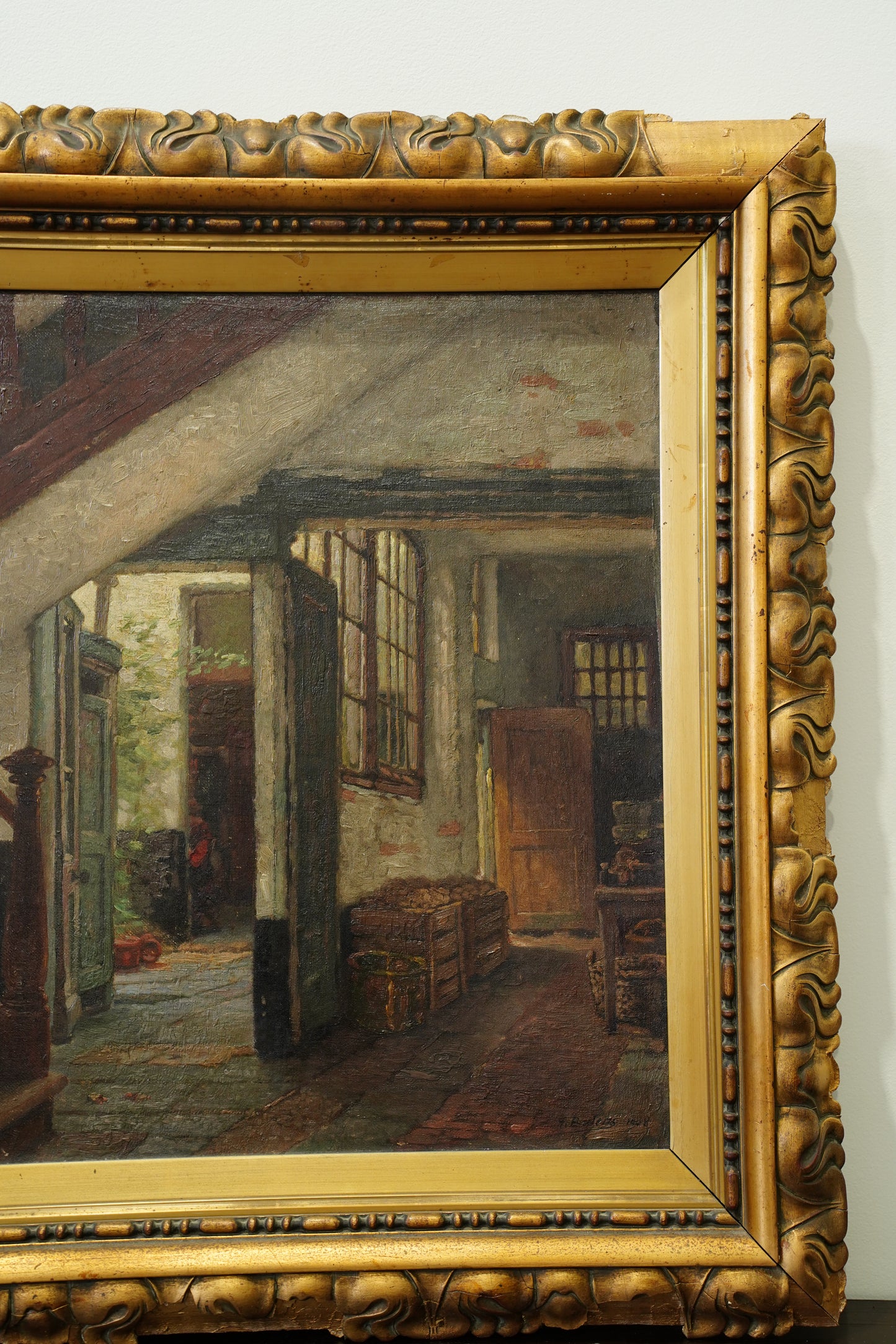 Antique Belgian Oil Painting Doorway Interior Scene, Signed, Circa 1908