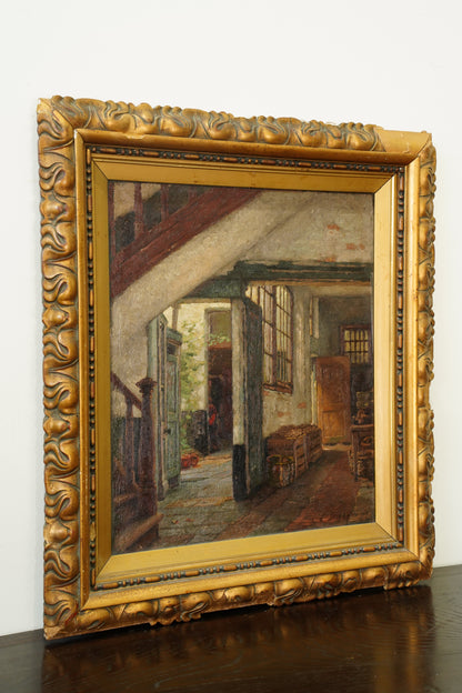 Antique Belgian Oil Painting Doorway Interior Scene, Signed, Circa 1908