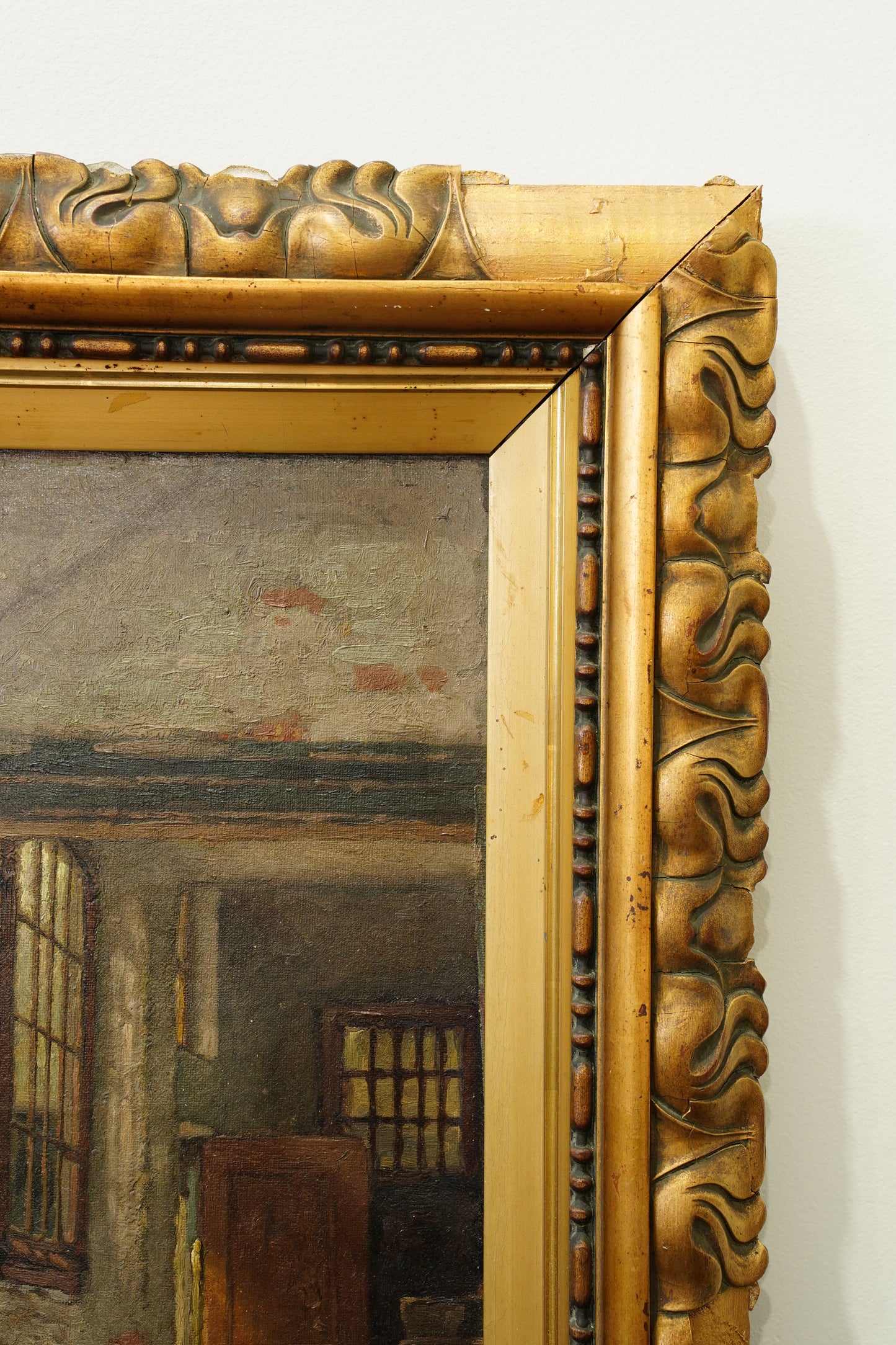 Antique Belgian Oil Painting Doorway Interior Scene, Signed, Circa 1908