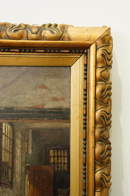 Antique Belgian Oil Painting Doorway Interior Scene, Signed, Circa 1908