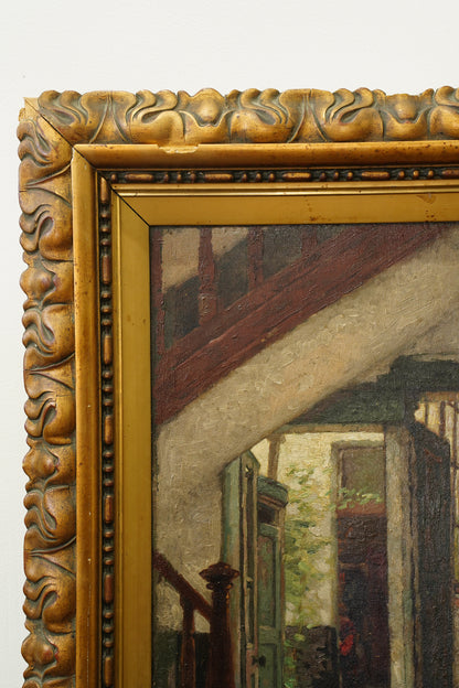 Antique Belgian Oil Painting Doorway Interior Scene, Signed, Circa 1908