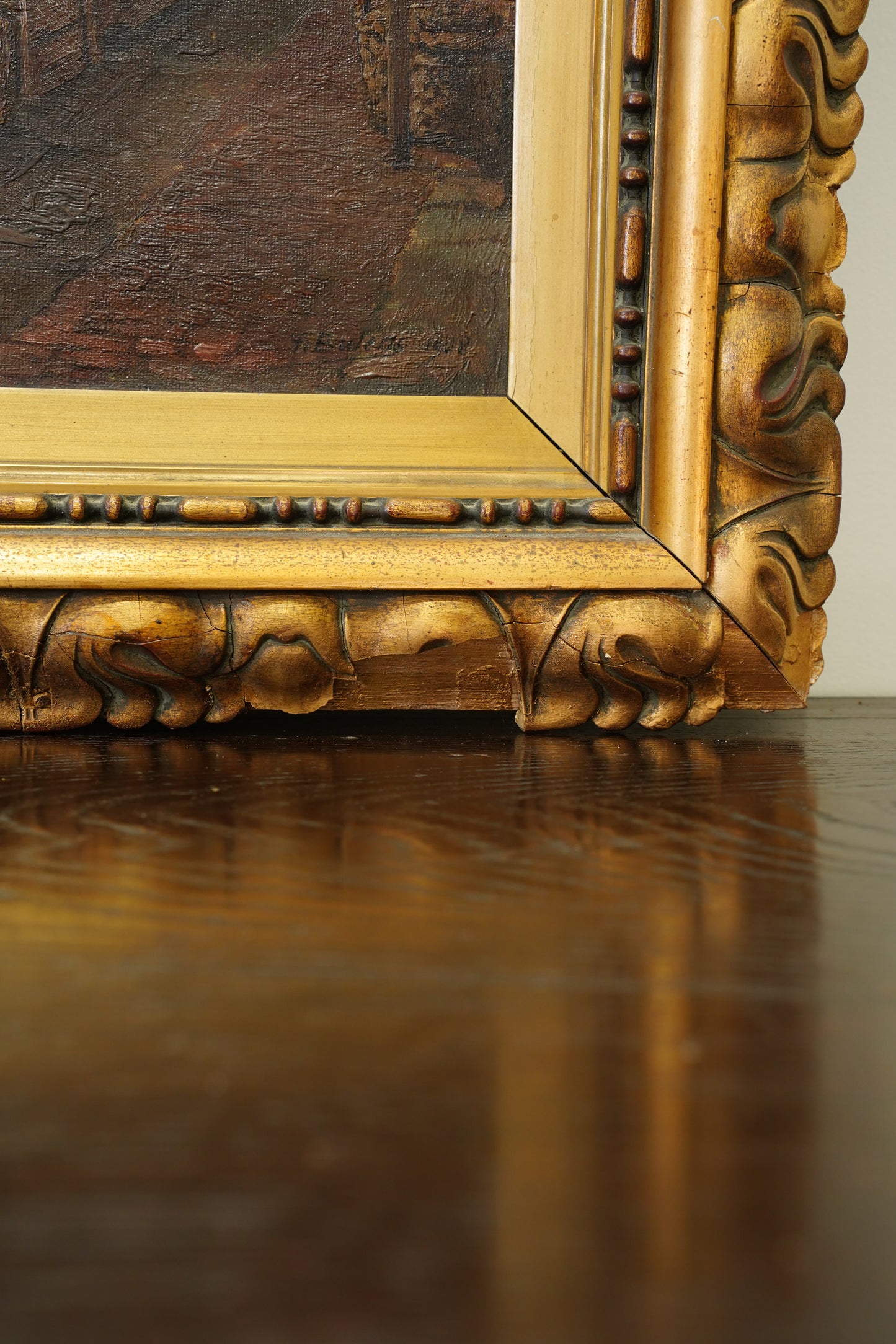 Antique Belgian Oil Painting Doorway Interior Scene, Signed, Circa 1908