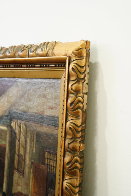 Antique Belgian Oil Painting Doorway Interior Scene, Signed, Circa 1908