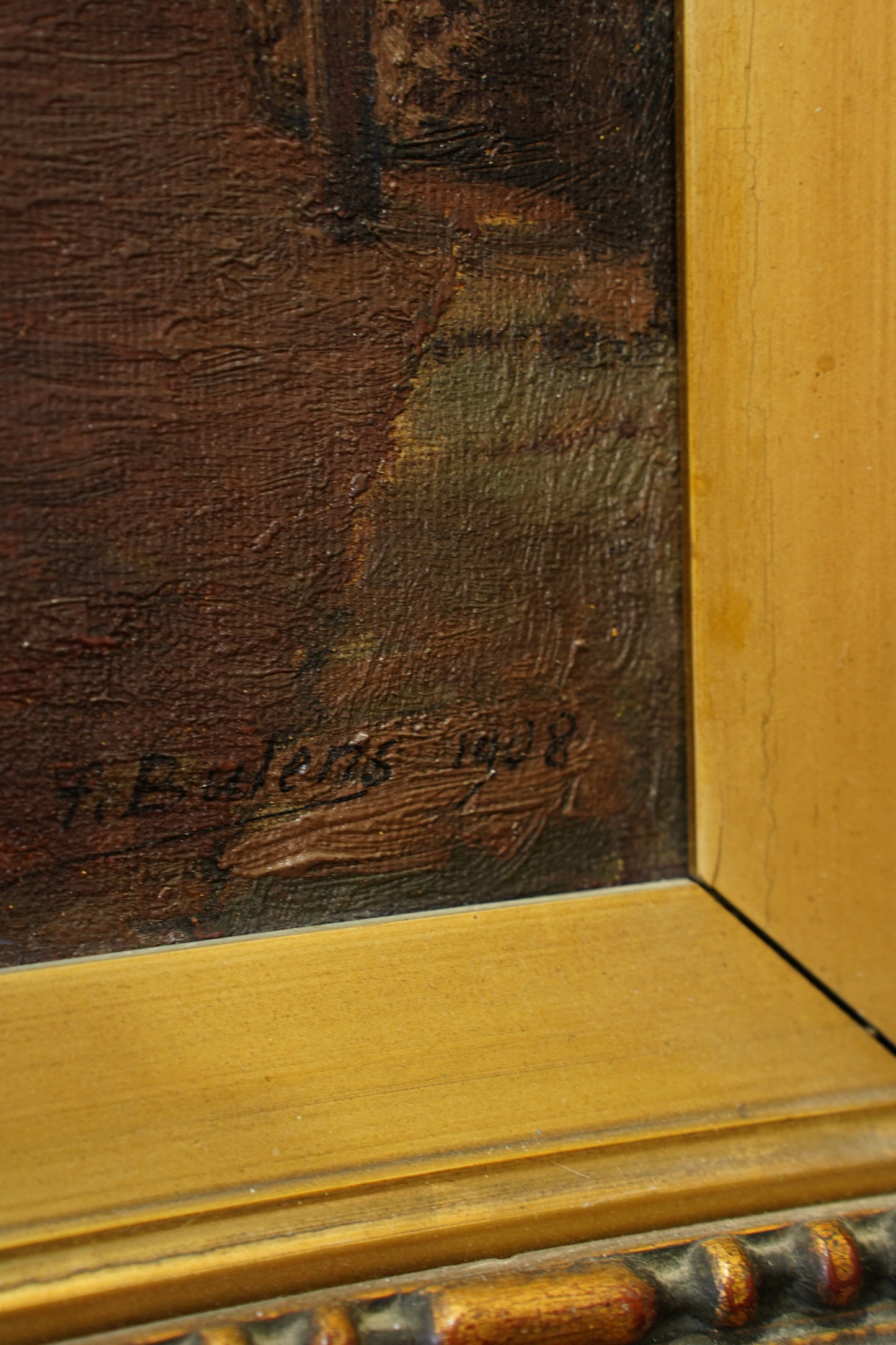 Antique Belgian Oil Painting Doorway Interior Scene, Signed, Circa 1908