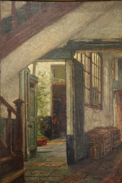 Antique Belgian Oil Painting Doorway Interior Scene, Signed, Circa 1908