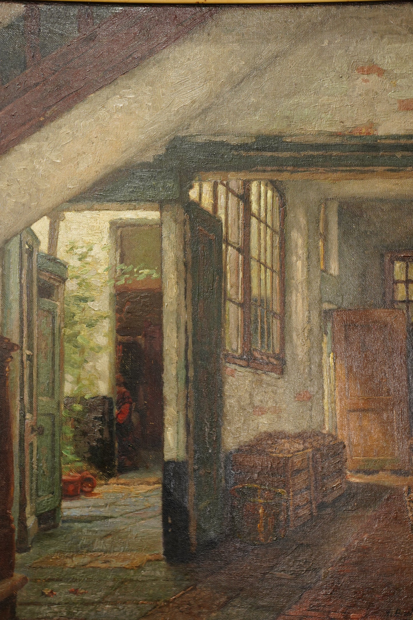 Antique Belgian Oil Painting Doorway Interior Scene, Signed, Circa 1908