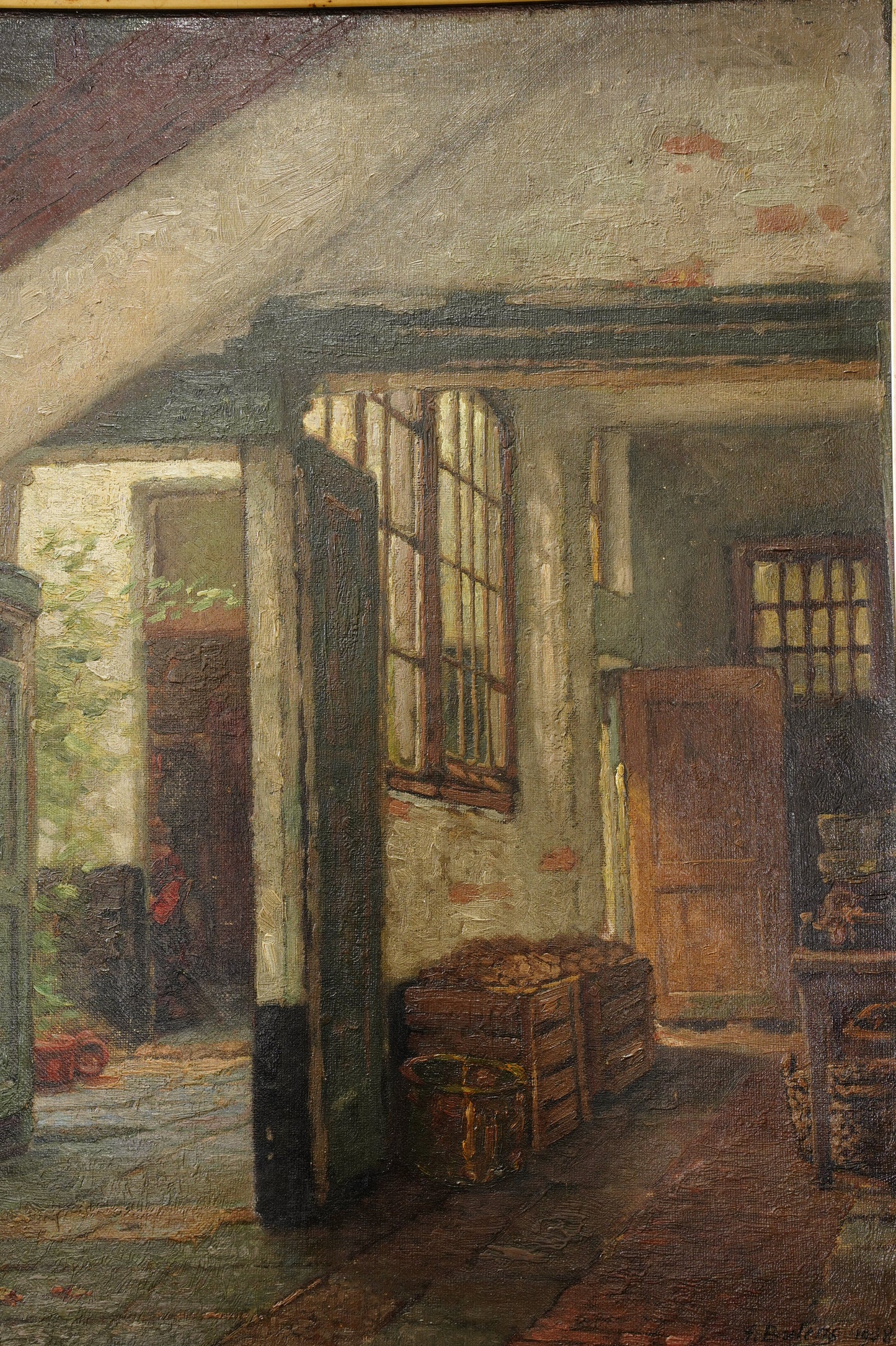 Antique Belgian Oil Painting Doorway Interior Scene, Signed, Circa 1908