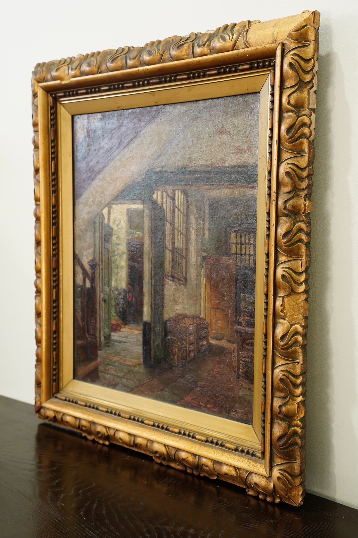 Antique Belgian Oil Painting Doorway Interior Scene, Signed, Circa 1908