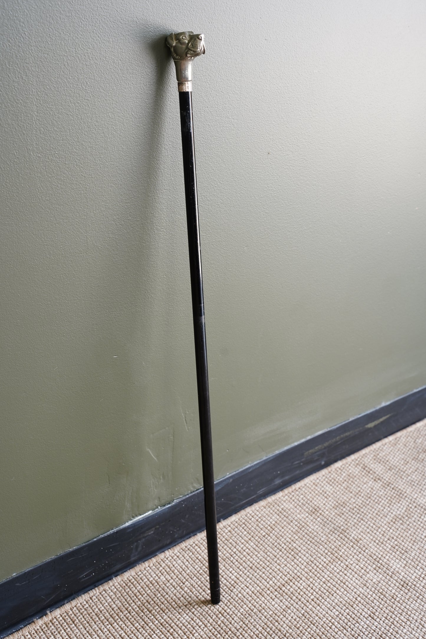 Antique Dog Head Walking Stick, Ebonized Shaft, Circa 1910