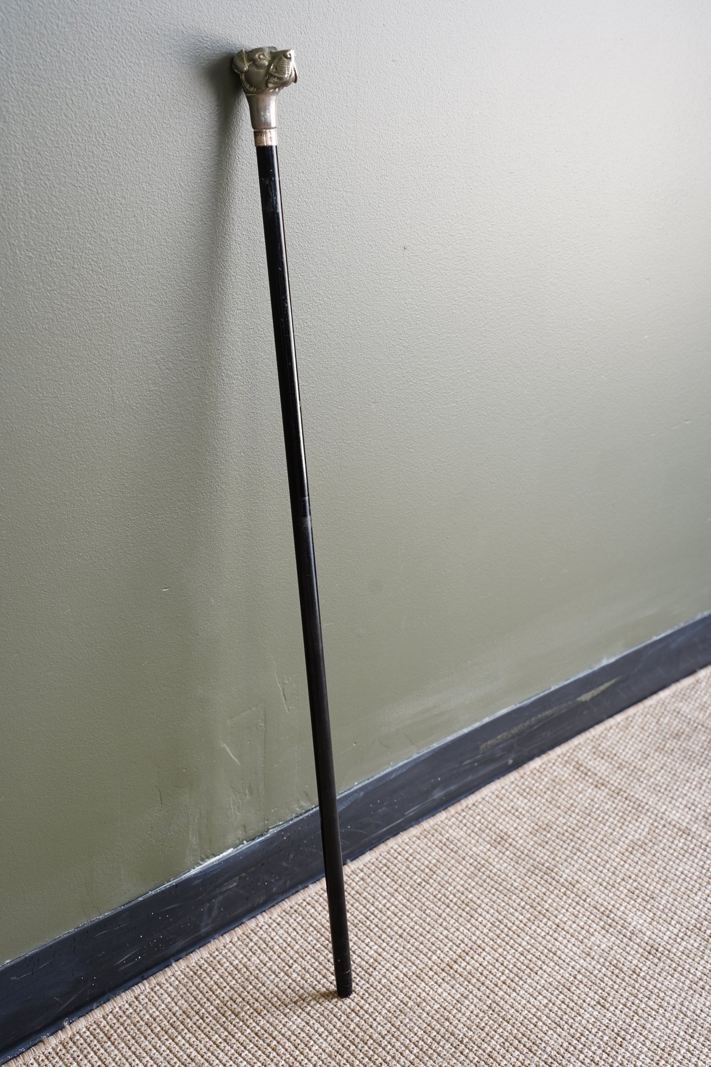 Antique Dog Head Walking Stick, Ebonized Shaft, Circa 1910