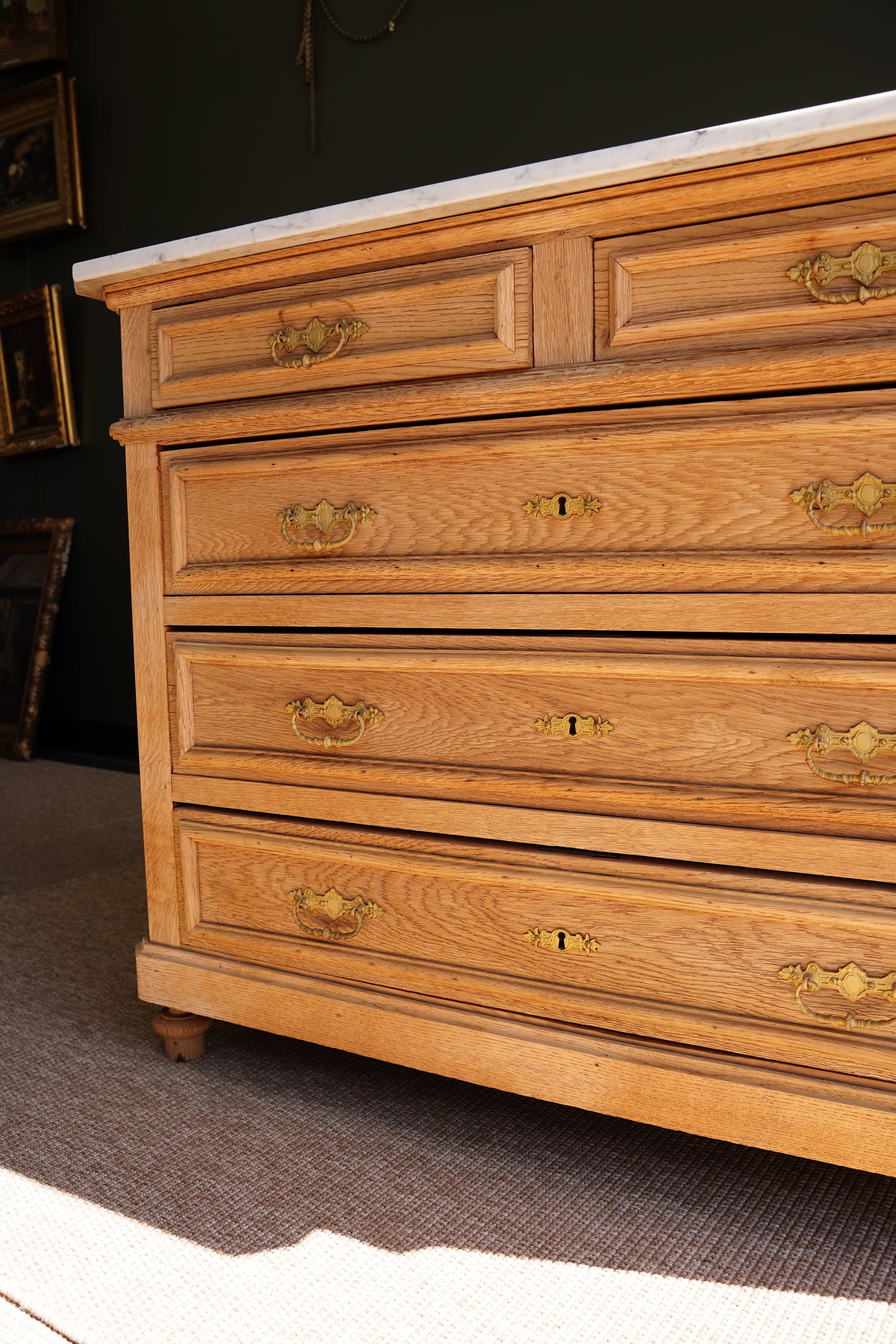 Vintage Sandblasted Oak Commode with White Marble Top