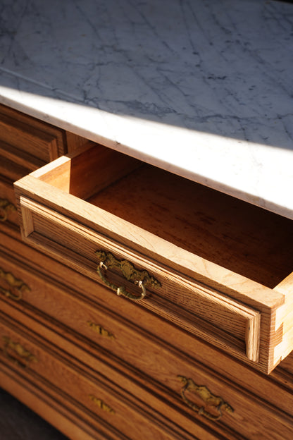 Vintage Sandblasted Oak Commode with White Marble Top