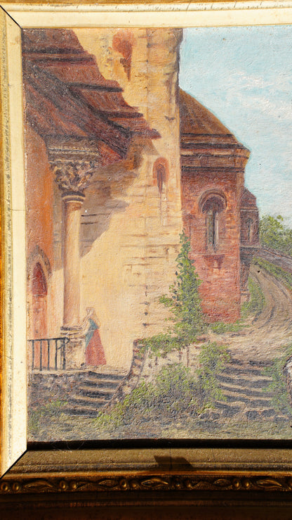 Antique English Village Lane Oil Painting on Panel