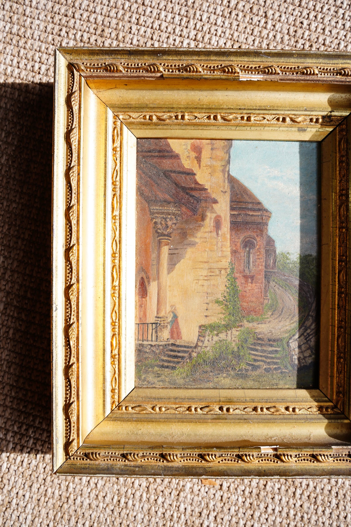 Antique English Village Lane Oil Painting on Panel