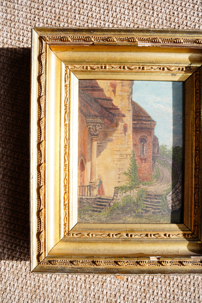 Antique English Village Lane Oil Painting on Panel
