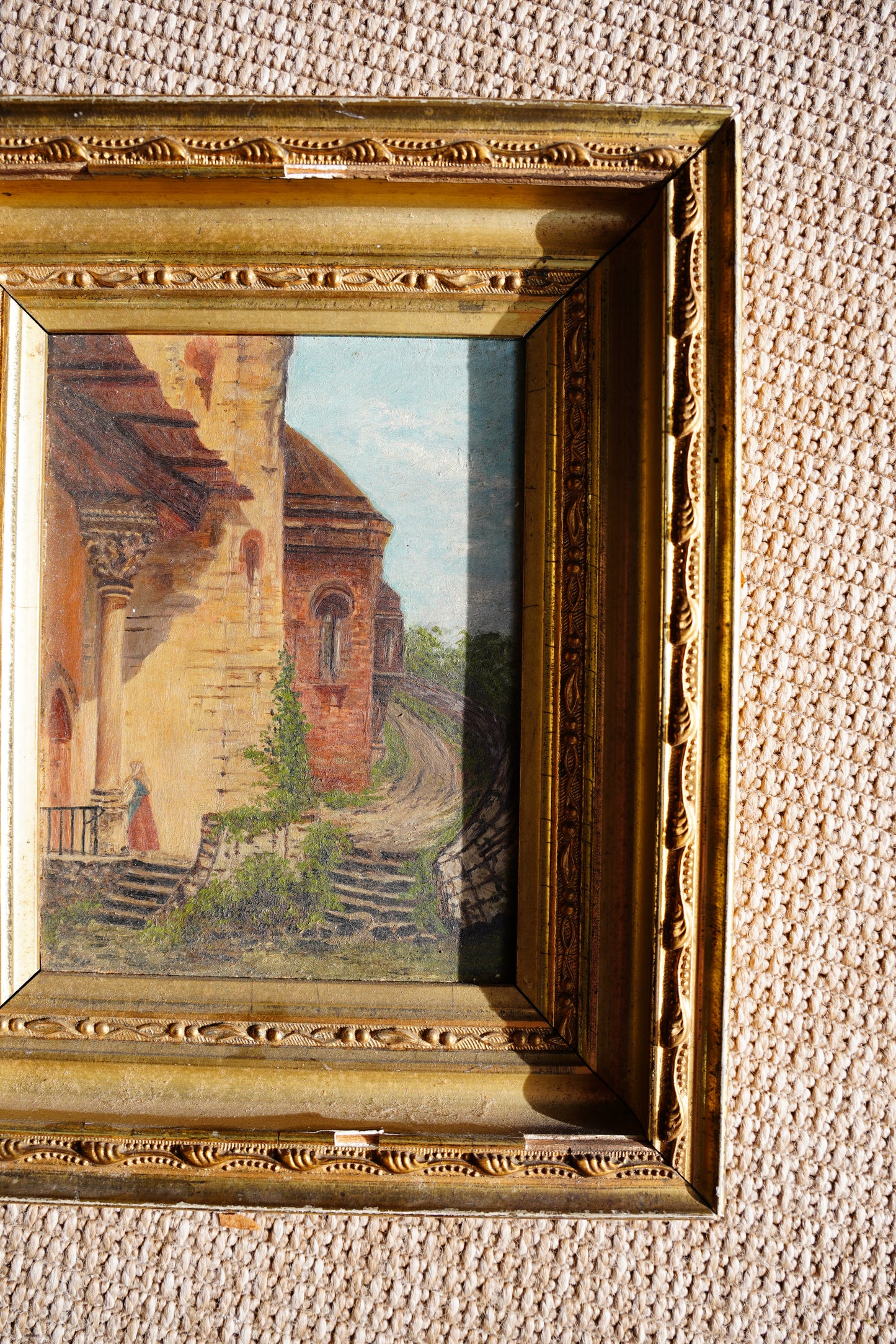 Antique English Village Lane Oil Painting on Panel