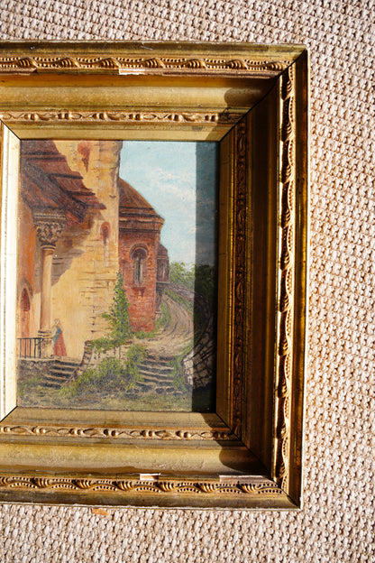 Antique English Village Lane Oil Painting on Panel