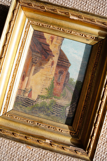 Antique English Village Lane Oil Painting on Panel