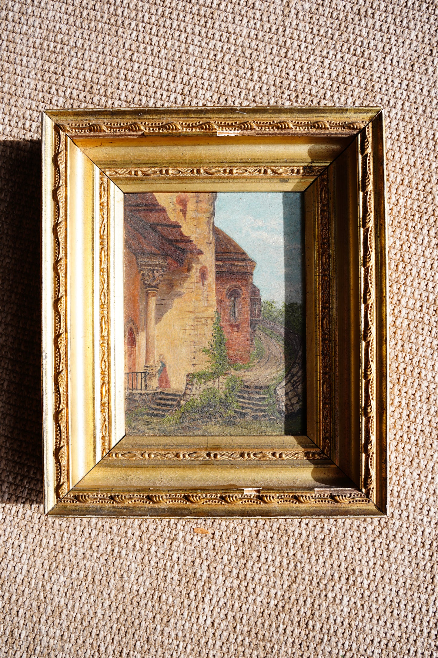 Antique English Village Lane Oil Painting on Panel